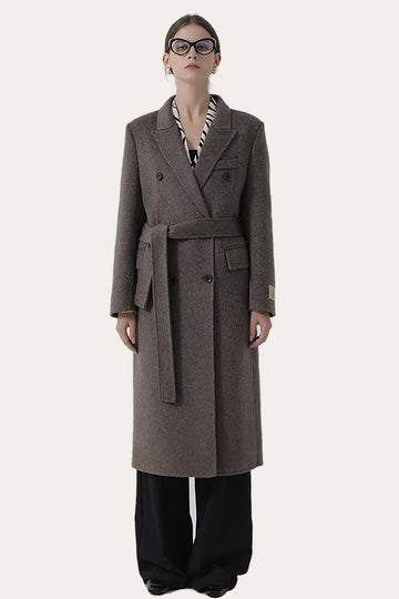 Dark Grey Double Breasted Peak Lapel Long Slim Fit Wool Coat